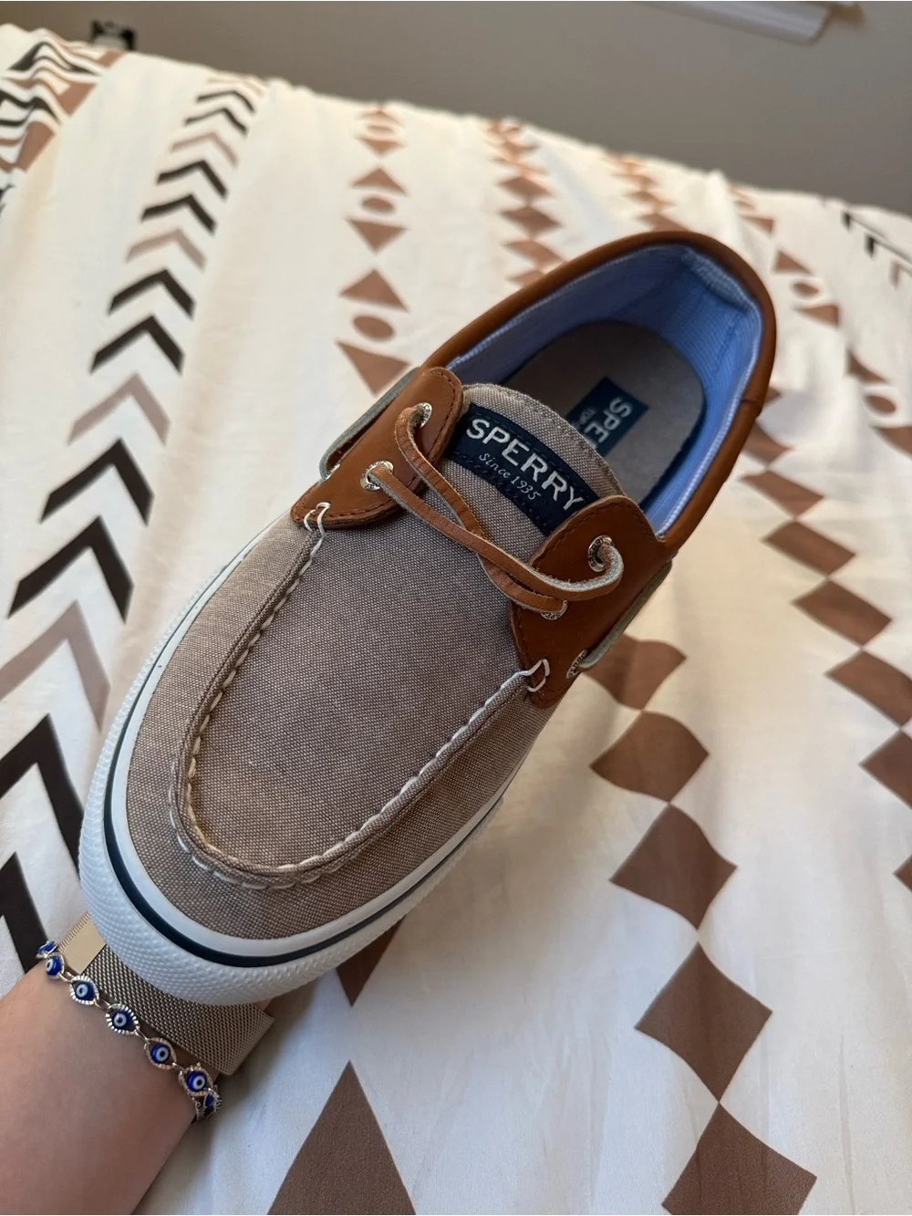 Sperry Brown and Tan Canvas Leather-Trim Boat Shoe